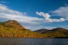 USA, Maine. Fall foliage and view of lake and Travelers Mountain, Baxter State Park Art Print